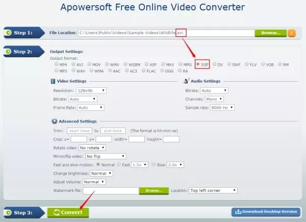 convert avi to 3gp online