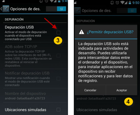 Procesar 2 para abrir depuración USB en Android 4.0-4.1