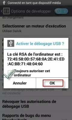 autoriser le débogage USB