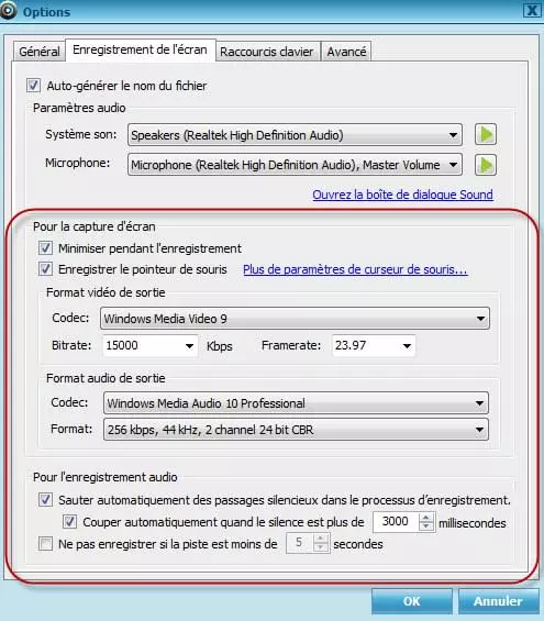 paramètres d'enregistrement d'écran