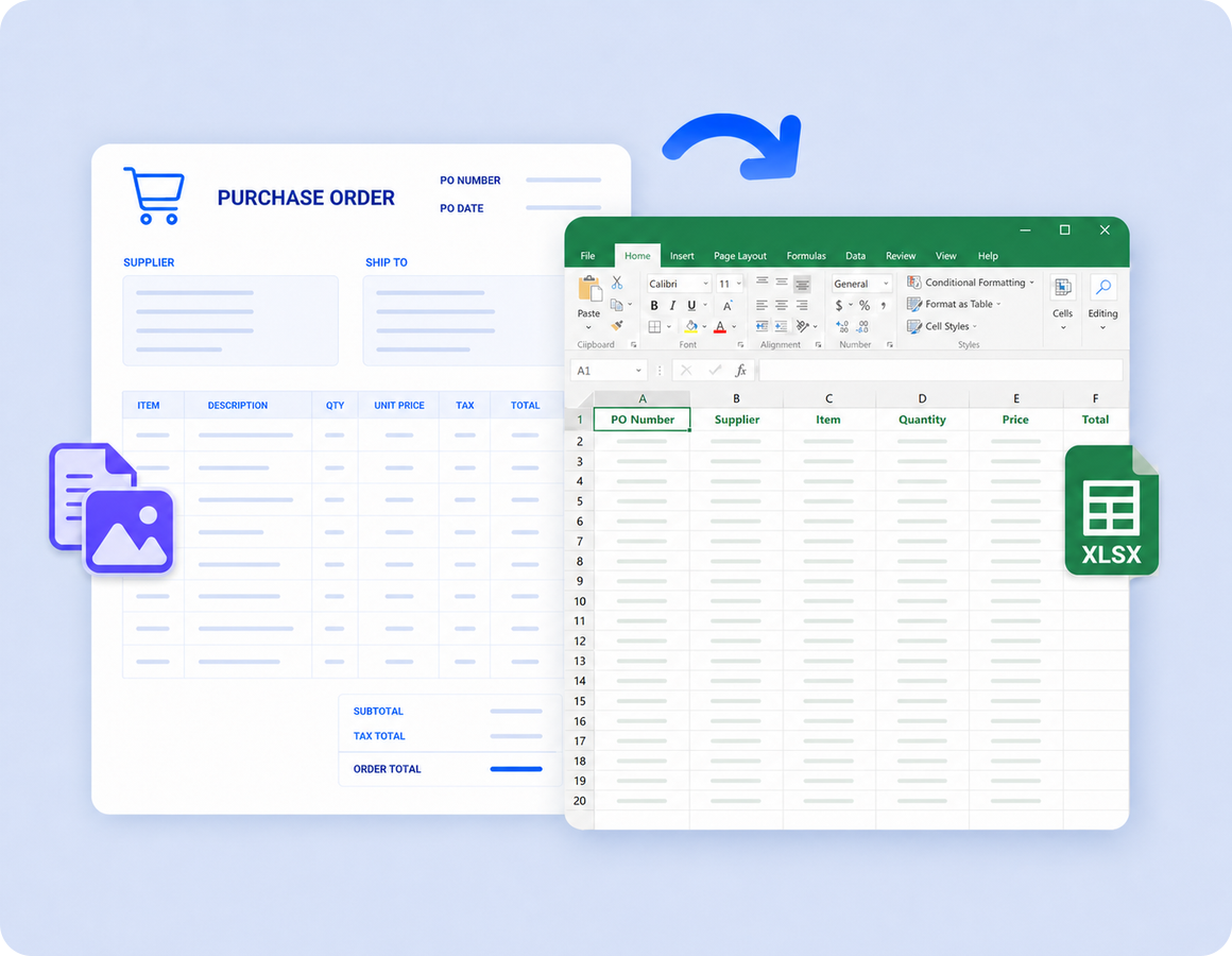 Transforme pedidos de compra em dados estruturados e editáveis