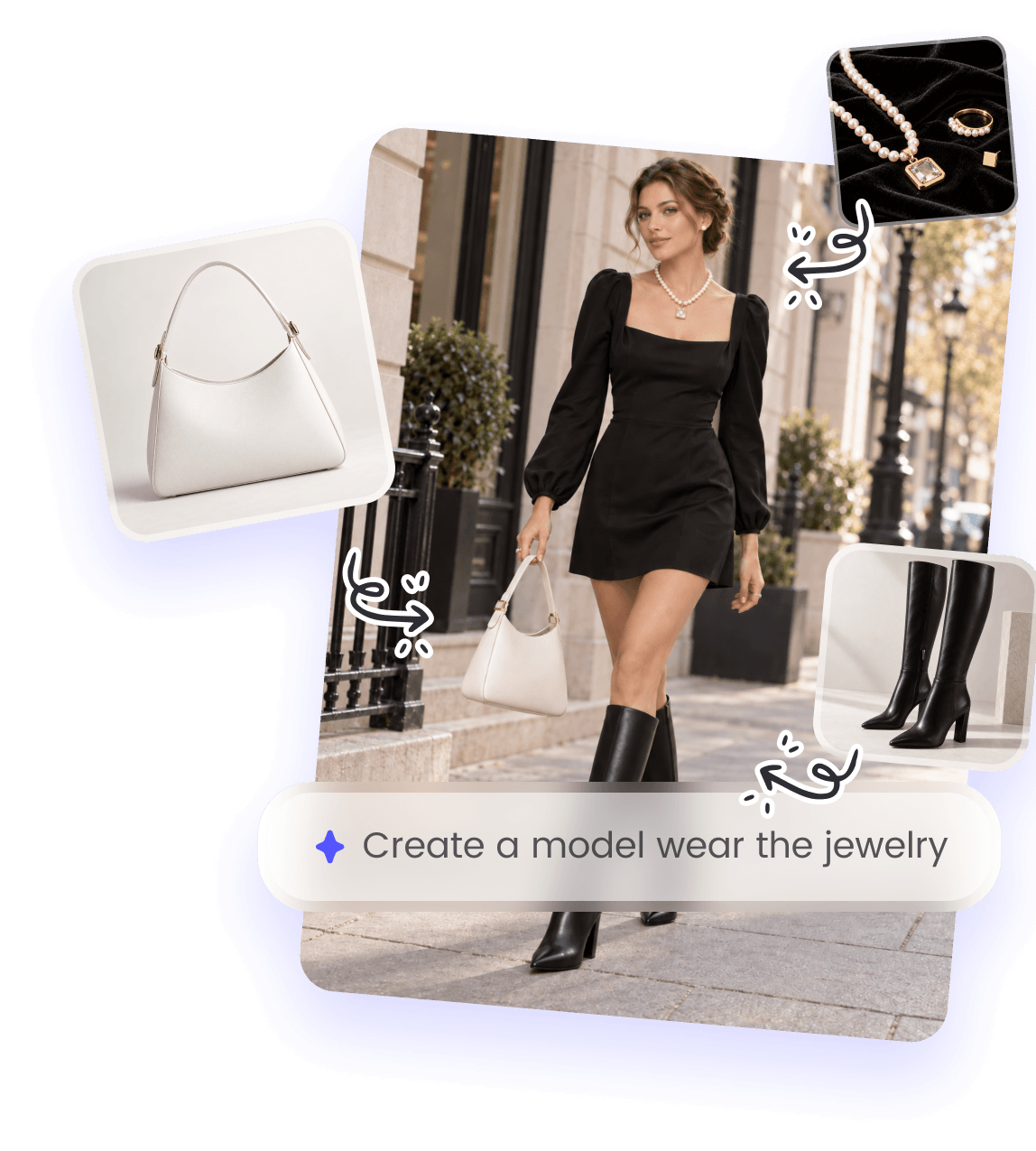 AI fashion model wearing the product jewelry, handbag, and boots