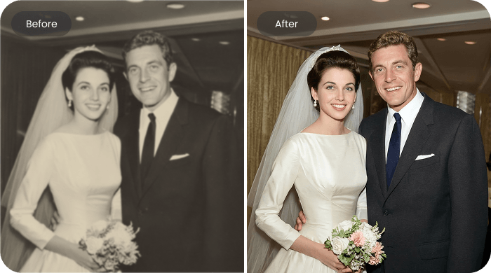Perbandingan berdampingan foto pernikahan vintage yang diwarnai dan direstorasi menggunakan penyempurnaan foto PicWish.