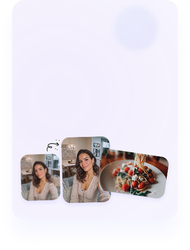 Perjelas selfie potret buram dan foto pasta tomat menggunakan penjernih foto HD PicWish untuk konten media sosial berkualitas tinggi.