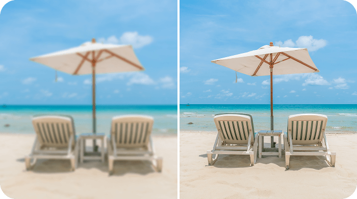 Perbandingan berdampingan foto pantai buram yang ditingkatkan menjadi resolusi 4K menggunakan PicWish.