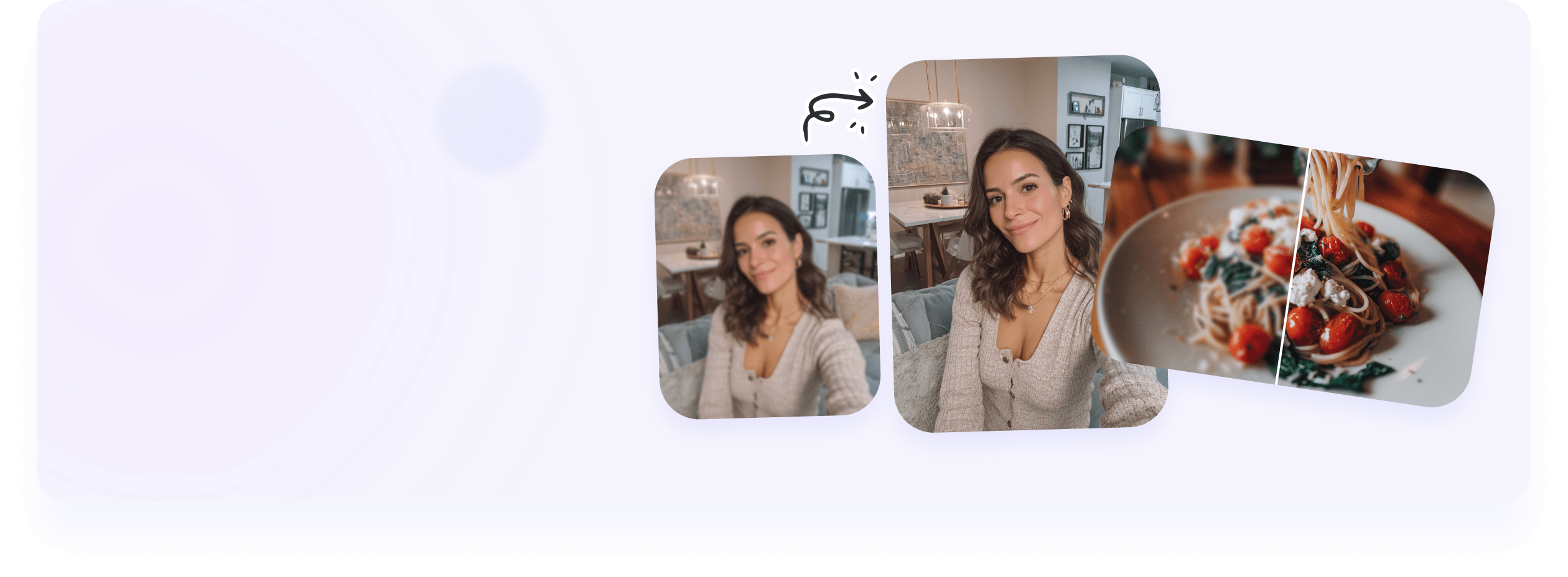 Perjelas selfie potret buram dan foto pasta tomat menggunakan penjernih foto HD PicWish untuk konten media sosial berkualitas tinggi.