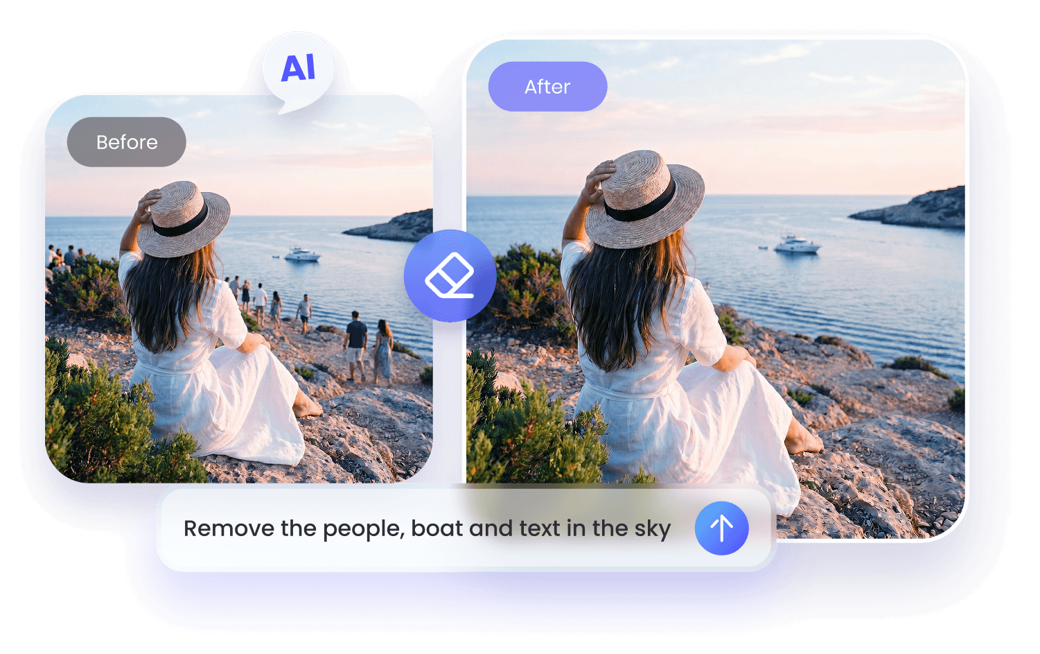 Before and after cleanup picture using AI prompt to remove unwanted people and objects from a photo