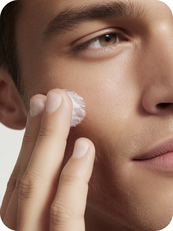 Foto close-up portrait yang diperjelas untuk menampilkan tekstur kulit, mata, dan detail wajah