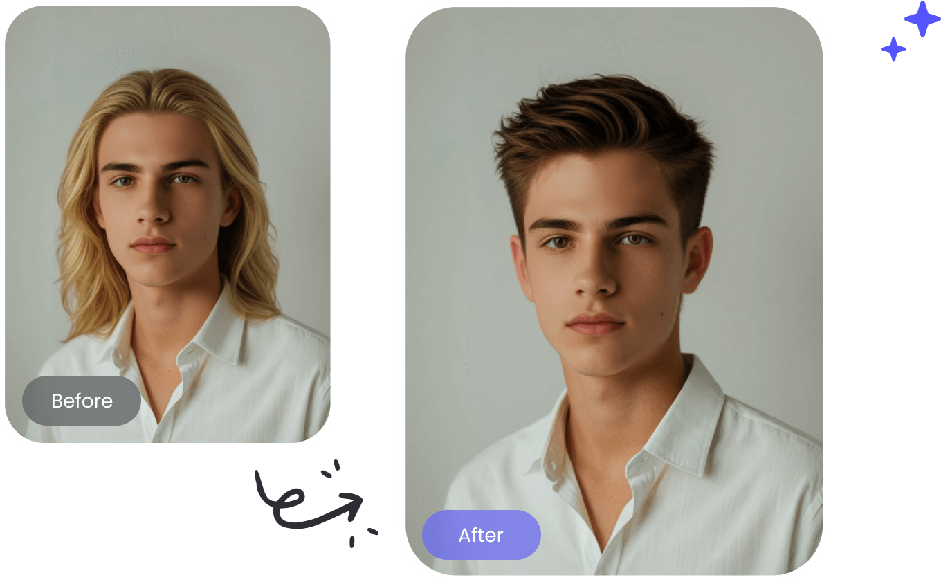 A man changes his long hair into a short hairstyle