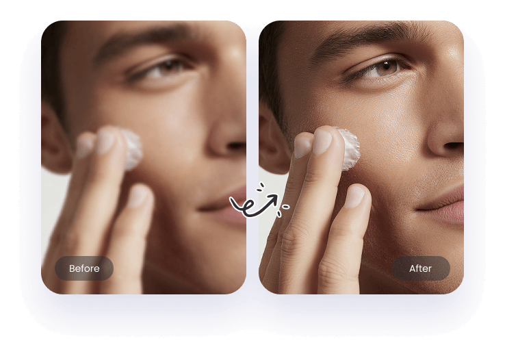Foto close-up portrait yang diperjelas untuk menampilkan tekstur kulit, mata, dan detail wajah