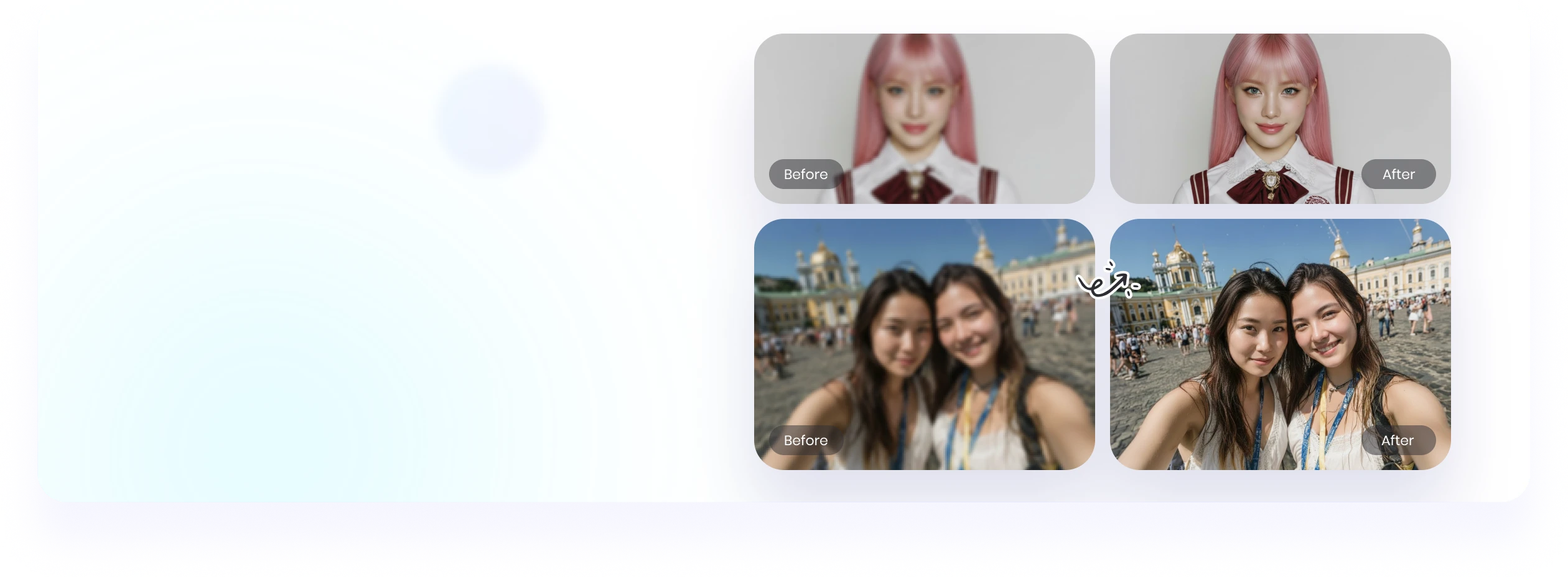 自撮り写真や旅行写真を鮮明化し、顔のディテールをよりクリアにした例