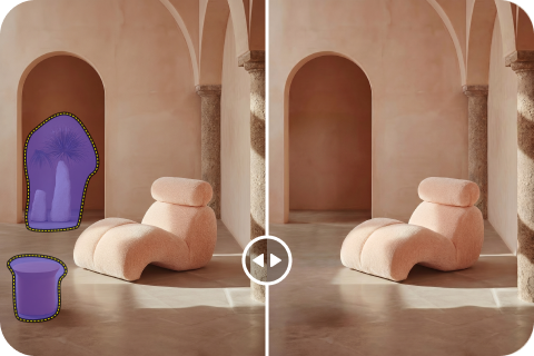 Before and after cleanup picture removing unwanted objects with manual selection tools