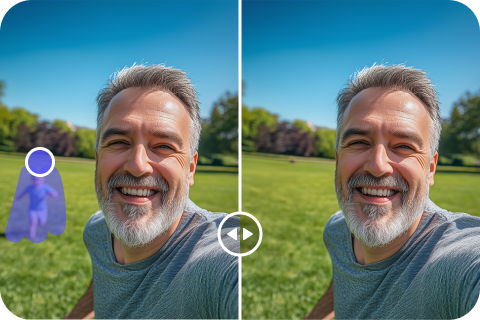 Before and after cleanup picture removing unwanted people from a photo with AI