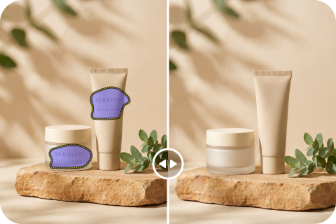 Before and after cleanup picture removing watermarks from a product photo with AI
