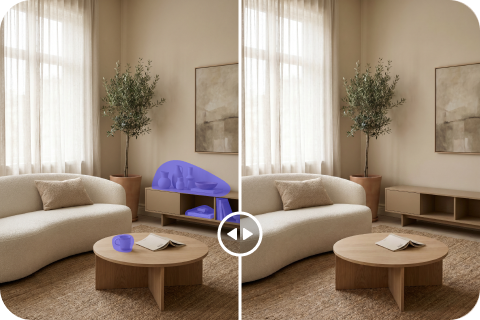 Before and after cleanup picture removing unwanted objects from an indoor scene with AI