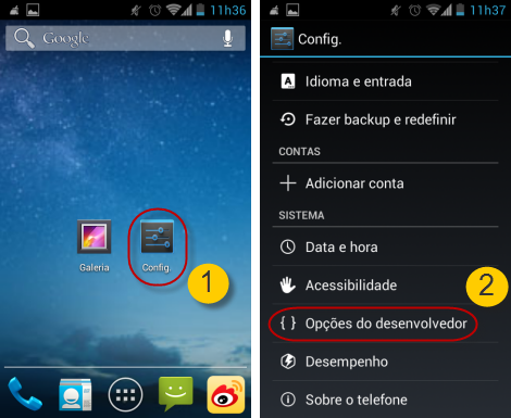 processo 1 a ligar a Depuração de USB no Android 4.0-4.1