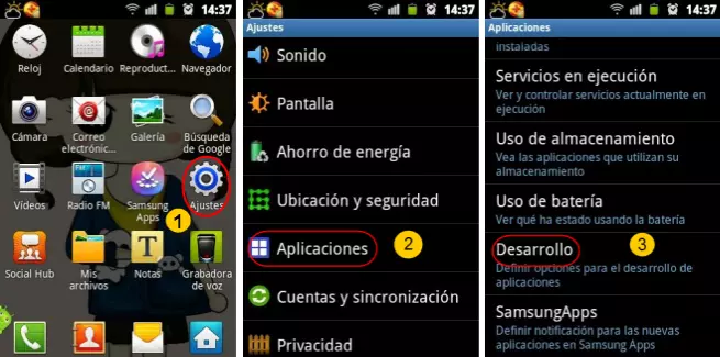 Procesar 1 para abrir depuración USB en Android 1.6-3.2