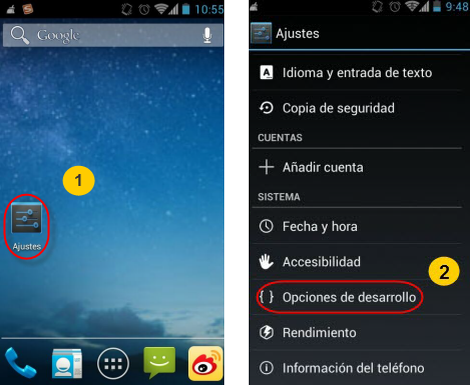 Procesar 1 para abrir depuración USB en Android 4.0-4.1