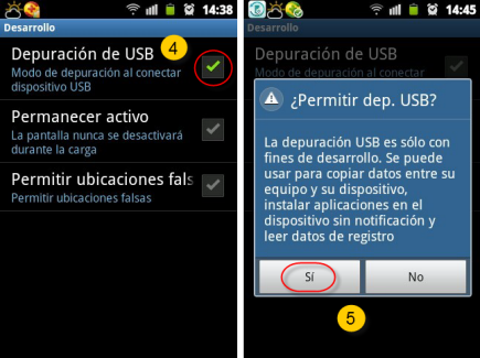 Procesar 1 para abrir depuración USB en Android 1.6-3.2