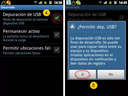 Procesar 1 para abrir depuración USB en Android 1.6-3.2