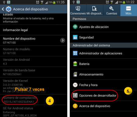 Procesar 2 para abrir depuración USB en Android 4.2-4.3