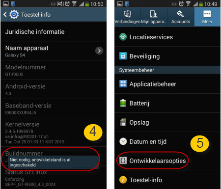 werkwijze 2 aan openen van de USB debugging op Android 4.2-4.3