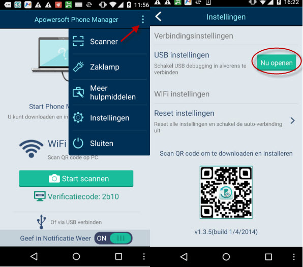 het inschakelen van USB debugging op Android via App